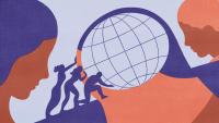 graphic of three people holding up the world with profiles of two figures on the side